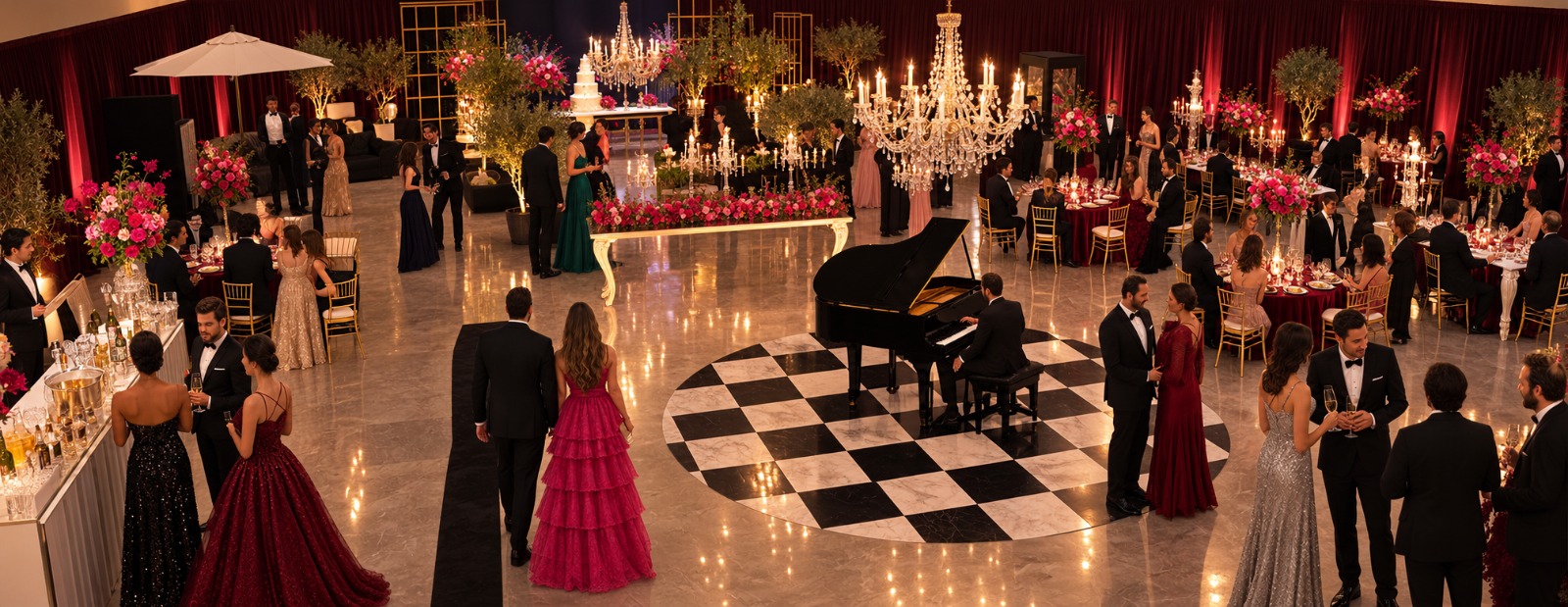 Salão de gala da Aqua Eventos com pista de dança em xadrez